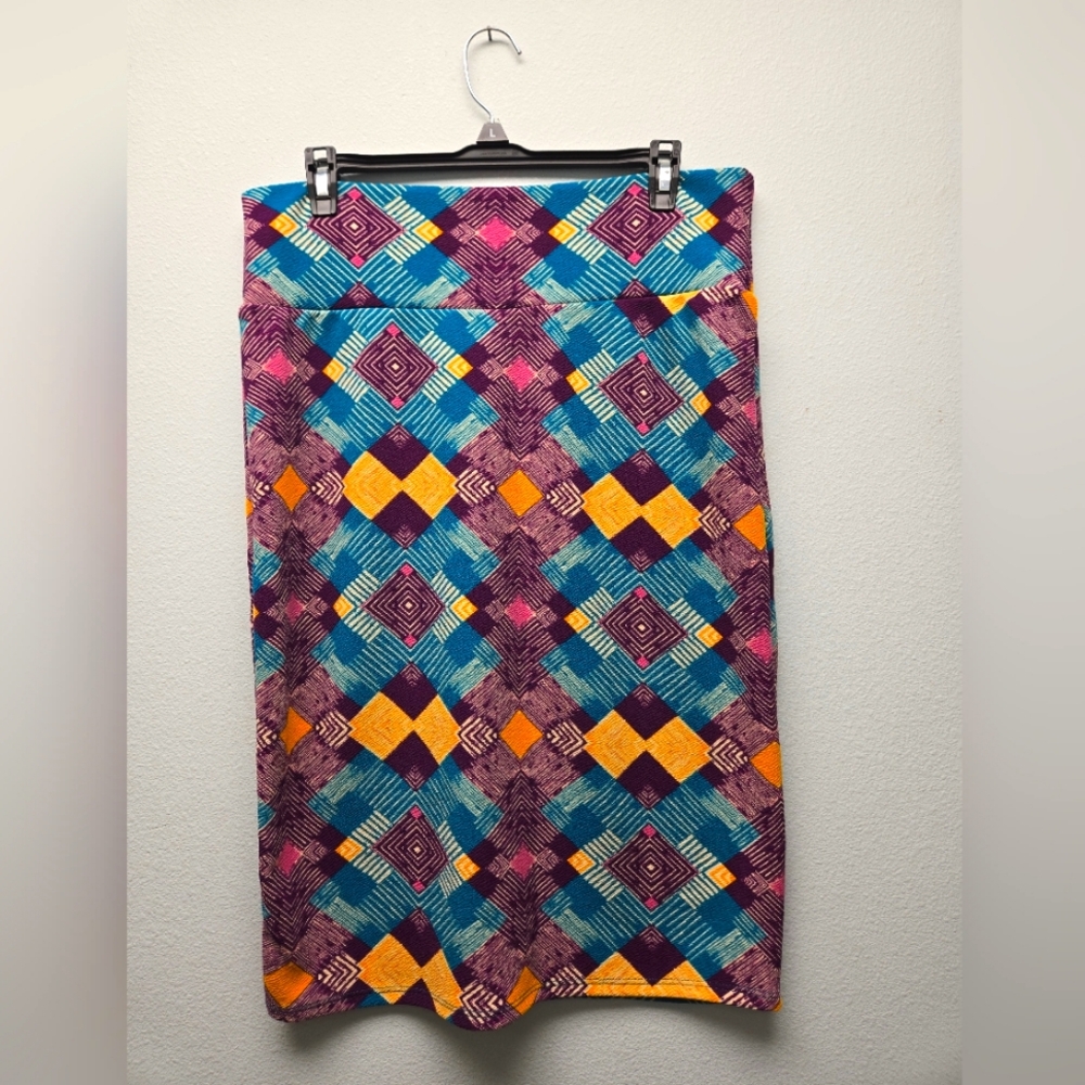 Vintage Retro Lularoe Cassie Skirt L Argyle Unicorn Print Fall Jewel Colors NWOT